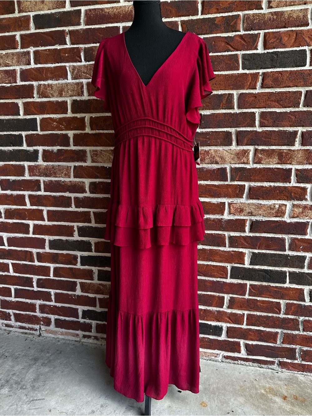 Women's Red Ruffle Tiered Maxi Dress - Elegant V-Neck